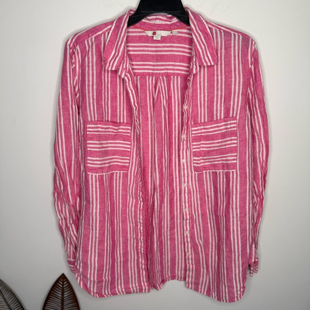 A14 Boden Top Women's Pink Striped 100% Linen‎ Long Sleeve Preppy Button Front